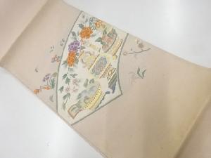 アンティーク　花器に花模様織出し袋帯（未仕立て）（材料）
